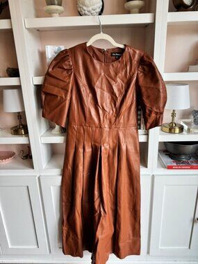 En Saison Cognac Faux Leather Puff Sleeve Midi Dress M